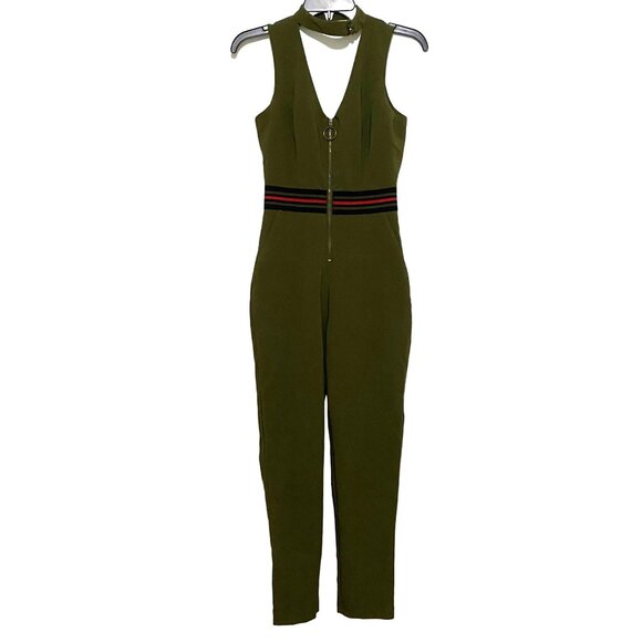 XOXO Pants - Y2K Choker Sleeveless Jumpsuit XS Olive Green Military Utility‎ Chic Grunge
